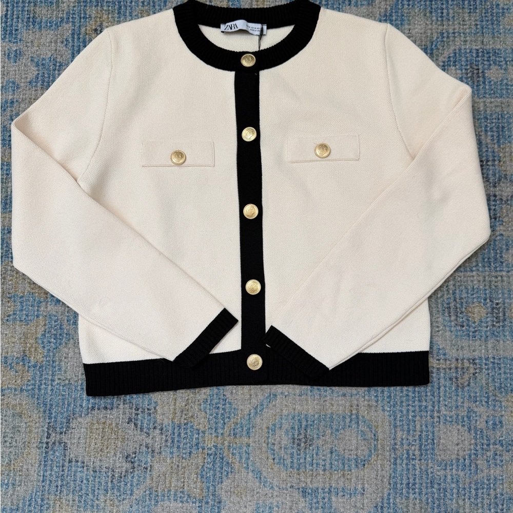 Zara Cream Cardigan with Black Trim and Gold Buttons